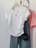 Grey Shoulder Short-Sleeved T-Shirt Summer Dress 2025 New Folds To Collect Thin Cotton Jersey Top