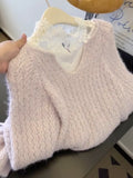 Purple Gentle Wind Thick Knitted Sweater Women Autumn Winter Korean Atmosphere Relaxed Soft Long Sleeve V Collar Blouse Tide