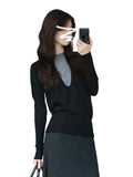 Black And Gray Two Knitted Shirt Women 2025 Early Autumn New Design Feeling Autumn And Winter Han Line Wearing A Chic Top