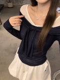 One-Word Shoulder Mesh Splicing Bumpy Color Strapped Long-Sleeved T-Shirt For Women In Early Autumn 2026 Slimming Bottom Shirt