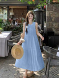 Gentle Style Yellow Lattice Vest Dress Women Summer Sweet Temperament Super Fairy Round Neckless Vacation Dress