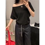 White Solid Color Oblique Shoulder Short-Sleeved T-Shirt 2026 Summer New Word Shoulder Loose Meat Thin Top