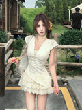 Pure-Want Hottie Fake Two Lace Embroidery V-Neck Dress Women's New Summer Waist Thin Ass Short Skirt