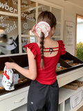 Red Shoulder Collar Lace Short-Sleeved T-Shirt Girl Summer Niche Design Sexy Hot Girl Small High-Waist Top