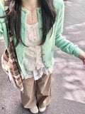 Mint Green Roll-Up Knitted Cardigan Sweater Coat Woman New Spring And Autumn Soft Glutinous Early Autumn Outside The Top