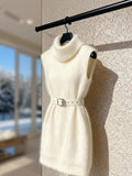 Dress Small Man Temperament To Attend Important Occasions Folded White Knitted High-Neck Vest Dress Winter