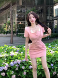 Pure Want To Close Waist Slim Slimid Dopamine Babes College Style Fake Two-Piece Hip Dress Dress Woman Summer