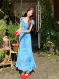Blue Temperament Holiday Wind And Flowers Dress Women 2026 Summer New Thinch Waist Thin Atmosphere Long Dress