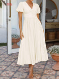 Dili 2025 Spring/Summer Leisure Commuting Holiday Wind V. Collar High-Waist Short-Sleeved Open-Fork Dress Woman