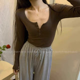 Chic Buckle Thread U-Neck T-Shirt Girl 2025 Spring And Autumn New Long-Sleeved Bottom Shirt Short Low-Neck Top