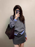 Lazy Wind Gray Fake Two Knitted Cardigan Coat Women Autumn Winter Korean Sweater Bump Color Top Design Sense Niche