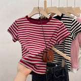 Vintage Port Windy Striped Striped Short-Sleeved T-Shirt Girl 2025 Summer New Slim Design Feeling