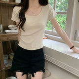 Solid Color Short-Sleeved T-Shirt Women 2025 Summer New Hong Kong Wind Chic Design Round Collar Short Elastic Sympath