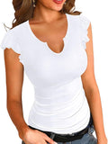 2025 Summer New Solid Color V-Necked Leaf Sleeve Short-Sleeved Lady Top