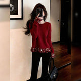 French High-End Fine Shiny Red Knitted Shirt Women 2025 Winter New Fashion Elegant Top