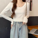 White Flowers Gray Shoulder Long-Sleeved T-Shirts For Autumn And Winter Design Feel Big Neck-To-Mouth Hot Girls Pure Desire Short-Term Bottom To Put On The Top Of The Coat