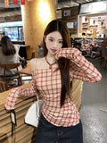 Red Plaid One-Collar Shirt Women 2026 Early Spring New Temperament Sweet Spicy Shoulder Repair Long-Sleeved Shirt Tide