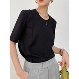 Spring And Summer T-Shirt Tiansi Roman Middle Sleeve Women's Short-Sleeved Design Sense Half-Sleeved Collar Top Free Of Ironing Five-Sleeve