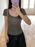 Unique Smoke Gray U Neck Collar Collar Collar Collar Collar Slightly Through The Shoulder Short-Sleeved T-Shirt Girl Summer Slimming New Chic Top