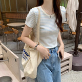 Striped Short-Sleeved T-Shirt Girls Summer Niche Design Splicing Against The Color Of The Hot Girl Pure Lust Wind Is Shoulder Tight Small Clothes