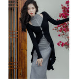 Cold Wind Royal Sister Fan Wearing A Suit Early Autumn High Sense Two Sets Of Gray Dress Black Cardigan Woman