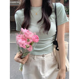 Irregular Shoulder Short Sleeve T-Shirt Girl Summer Hottie High Waist Umbilly Repair Body Slimming Short Top