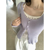 Pure Hot Girl Purple Folded Knitted Cardigan Women Autumn Collar Straight Shoulder Slim Thin Coat Beautiful Short Top