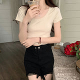 Design Sense Short T-Shirt Women's Round Neck Elastic Solid Color Match Summer Korean Version Of Leisure Tight Hot Girl Short-Sleeved Top