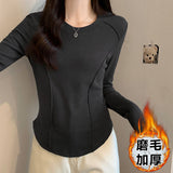 White Long-Sleeved Bottom Shirt Women In Autumn And Winter With A Short Fish Bone Top Design Embroidered Plus Velvet Hair T-Shirt