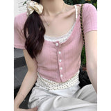 Light Blue Large Round Collar Collar Collar Collar Collar Front Shoulder Half-Sleeved Knitted Cardigan Slime T-Shirt Short-Sleeved Top Summer