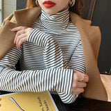 De-Hing Pile Collar Striped Bottoming Shirt Women's Long Sleeve 2025 Autumn And Winter 2025 New Set-Up Warm Top T-Shirt