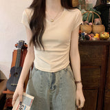 The Design Of The V-Neck Feels The Waist-Skinny Short-Sleeved Cotton T-Shirt Women's Summer Temperament Short-Term Irregularly Set Up On The Shoulder