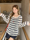 Korean Sweet Thin Striped Round-Neck Hooded Women's Summer New Lazy Wind Loose Roll Side Long Sleeve Top