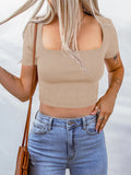 New Women's Dress Square Neck Thread Pit Knitted Short-Sleeved Blouse Umbilly Dressed Short-Sleeved Women's T-Shirt