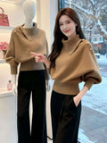 Korean Design Sense Of Old Money Wind Gray Familiar Side Collar Knitted Shirt Women Autumn And Winter Thick Sweater