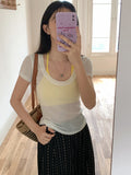 Unique Smoke Gray U Neck Collar Collar Collar Collar Collar Slightly Through The Shoulder Short-Sleeved T-Shirt Girl Summer Slimming New Chic Top