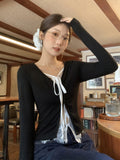 Korean Ins Lace Splicing Fake Two Button Cardigan Long-Sleeved T-Shirt Women's New Design Sense Niche Tops In Autumn