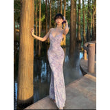 Sexy Pure Ambience Feeling Back Purple Dress Slimy Tossed Fishtail Holiday Dress