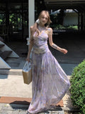 Broken Flower Hanging Neck Dress Women Summer Sexy Bare Back Folds To The Waist Thin Net Yarn Long Skirt Long Model