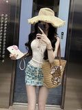 Seaside Holiday Sweet Hottie With Brated Vest Woman Summer High-Waist Print Bag Half-Dress Skirt Two-Piece