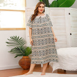 Spring And Summer Plus Code Lady Home Dress Skirt Short-Sleeved Lace Splicing Four-Sided Bullet Print Home Pajamas Woman