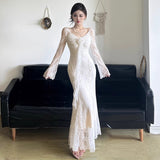 2025 French Three-Dimensional Flowers With Long-Sleeved Dress Dress Women Pure Lust Lace To The Waist Of Thin Fish Tail Long Dress