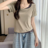 Fake Two Bumpy Square Short-Sleeved T-Shirts For Girls Summer New Body-Repair Korean Chic Short Top