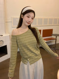 Vintage Design Feel Green Striped Button Collar Open Shoulder T-Shirt 2026 Early Autumn New Loose Long-Sleeved Top Woman