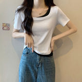 Spicy Collarbone Positive Shoulder Design Fake Two-Piece T-Shirt Girl Short-Sleeved Summer 2026 Super Hot Chic Hot Babes Top