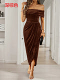 Dili Silk Dress 2025 Autumn And Winter Temperament Elegant One-Word Shoulder Dress