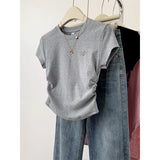 Shoulder Waist Short-Sleeved T-Shirt Women 2025 Summer New Folding Slimming Small Sweet Spicy Top
