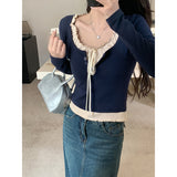Tibetan Blue French Fake Two Wooden Ears With Long-Sleeved T-Shirts For Girls Early Autumn Hottie Short Bottom Top