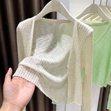 Large-Size Blue V-Neck Ice Silk Sunscreen Knitted Cardigan Women's Summer Thin Slings With Knitted Blouse Shawl