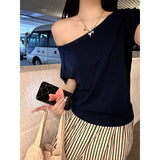 One Word Shoulder Oblique Shoulder Two Wearing Black Open Shoulder Short Sleeve T-Shirt Girl Summer Lazy Wind Loose Loose Loose Slender Feeling Top